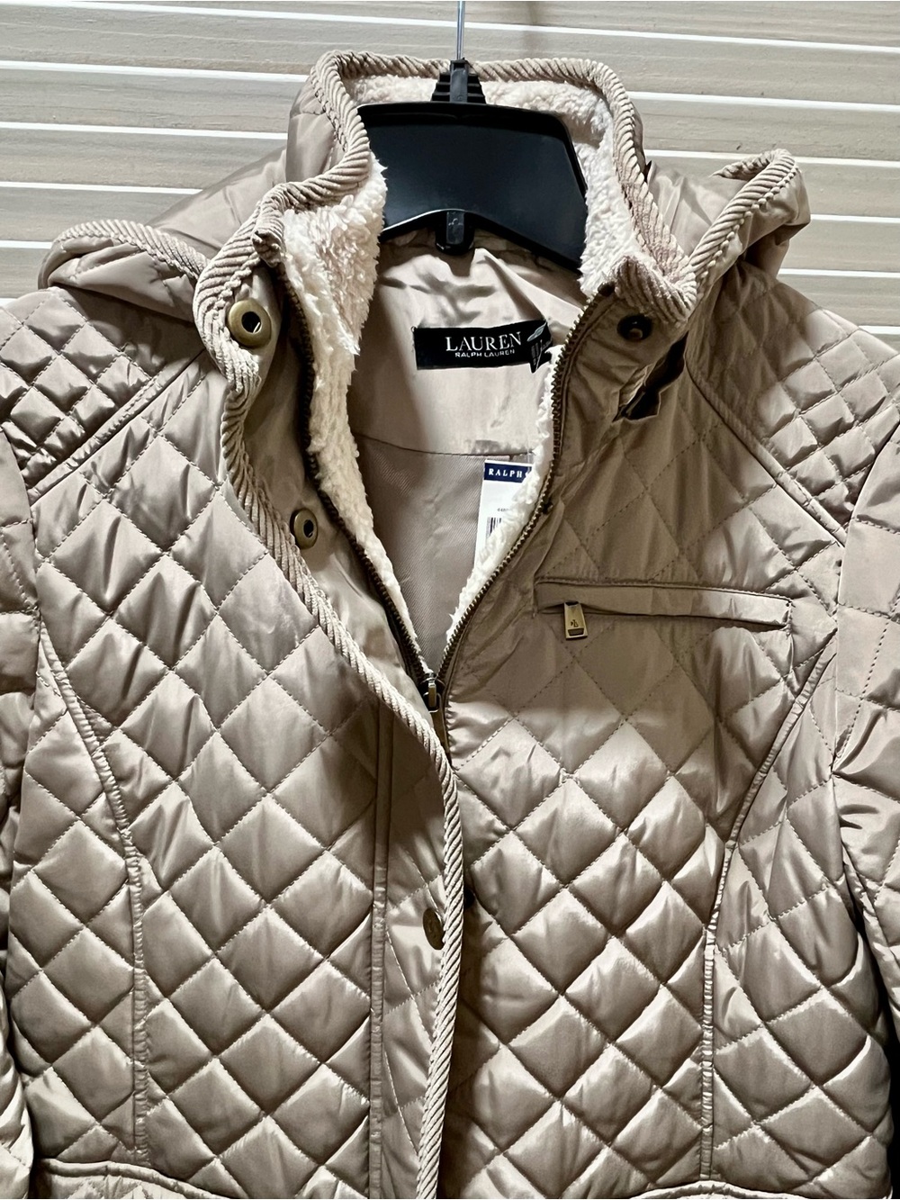 NWT Polo Ralph Lauren Womens Jacket Coat Beige S Quilted Faux Fur Lined - Picture 12 of 16